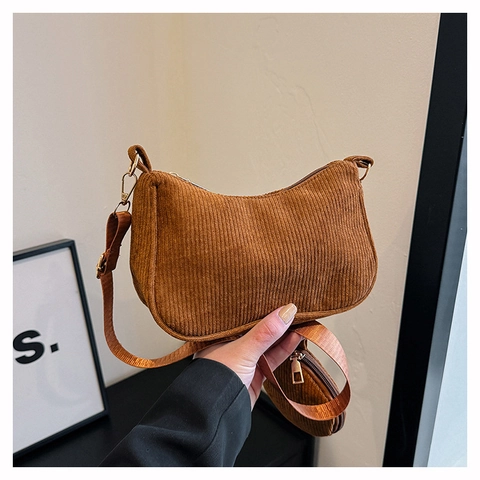 Ensemble de Sacs à Épaule en Velours Côtelé Vintage pour Femmes Sac Hobo Minimaliste Avec Porte-monnaie Rond Bandoulière Réglable Mode Décontractée