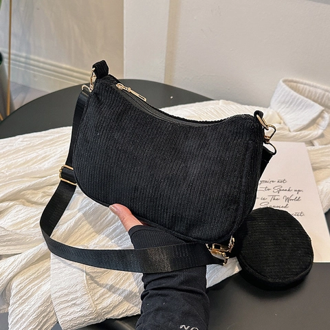Women's Corduroy Crossbody Bag Casual Vintage Crescent Shoulder Bag With Mini Coin Purse
