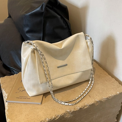 Vintage PU Leather Shoulder Bag For Women Fashion Chain Crossbody Bag Spacious Tote Handbag Minimalist Commuter Bag