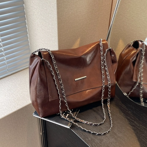 Vintage PU Leather Shoulder Bag For Women Fashion Chain Crossbody Bag Spacious Tote Handbag Minimalist Commuter Bag