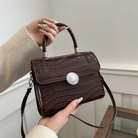 Sac À Main En Cuir PU À Motif Crocodile Boucle Métallique Ronde Sac À Bandoulière Vintage Fourre-tout Pour Femmes