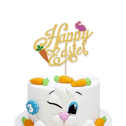 Glitter Happy Easter Cake Topper Rabbit Carrot Pattern Birthday Party Decoration Supplies For Kids Baby Celebration Spring