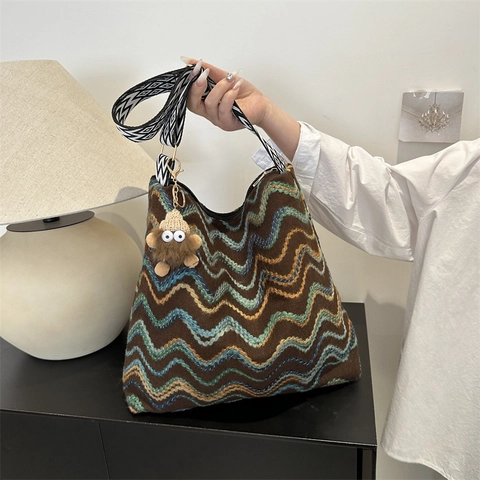 Large Capacity Women Knitted Tote Bag Wave Pattern Shoulder Bag With Wide Geometric Strap And Cute Monster Plush Charm
