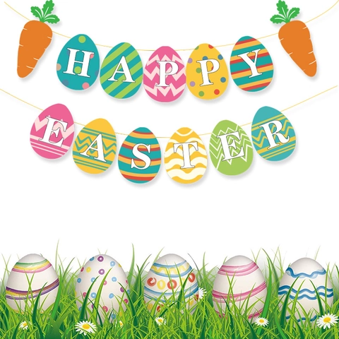 Happy Easter Banner Paper Colorful Egg Carrot Garland For Easter Party Indoor Hanging Decoration Supplies For Kids Home