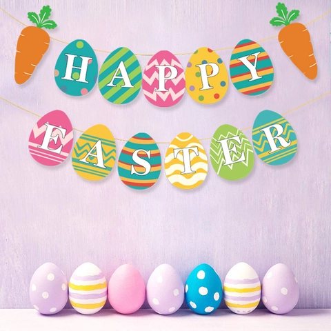 Happy Easter Banner Paper Colorful Egg Carrot Garland For Easter Party Indoor Hanging Decoration Supplies For Kids Home