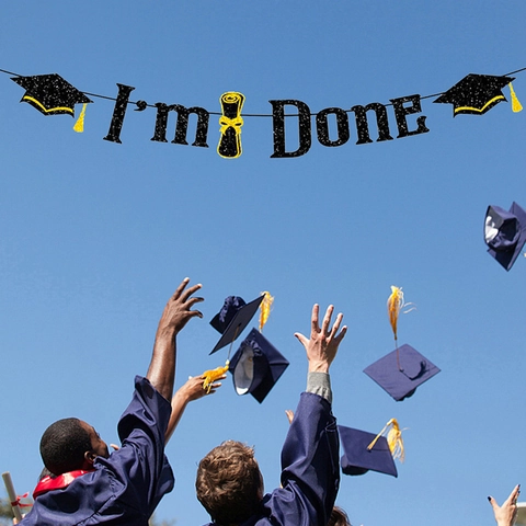 Glitzer Abschlussfeier Party Dekoration Banner We Are So Proud Of You Congrats Grad I'm Done Doktorhut Diplom Girlande Schwarz Gold