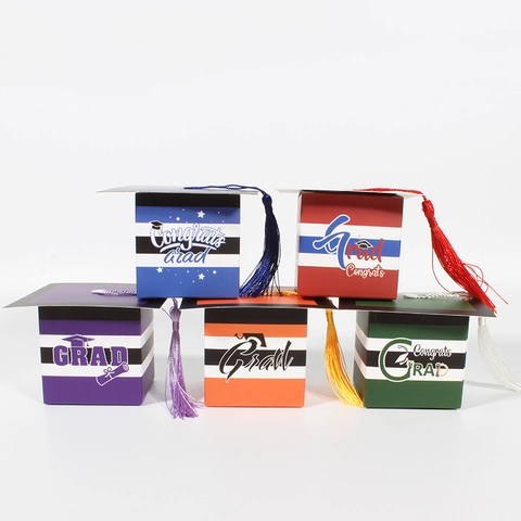 Graduation Cap Candy Box Striped Cardboard Gift Box With Tassel Congrats Grad Pattern For Graduation Party Celebration Favor
