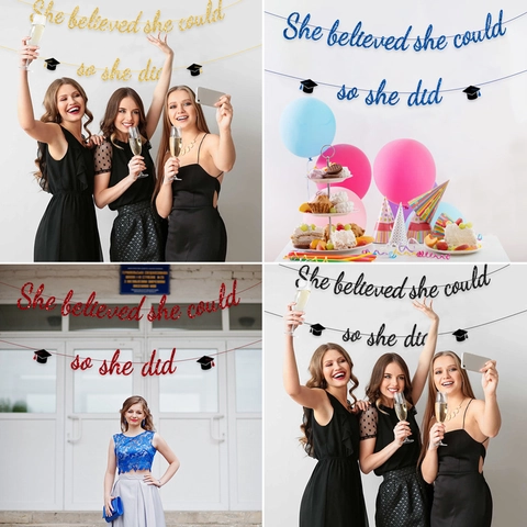 Abschlussfeier Banner She Believed She Could So She Did Glitzer Karton Girlande Bunting Abschluss Dekorationen Requisiten
