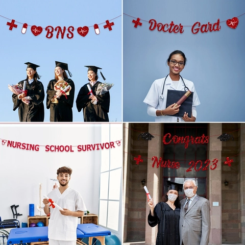 Pancarta de Graduación de Enfermera con Purpurina Roja RN BNS Doctor Grad Decoraciones de Celebración de Escuela de Medicina