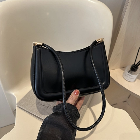 Women's Minimalist PU Leather Underarm Bag Small Square Hobo Shoulder Bag Solid Color Street Style Handbag Gold Hardware