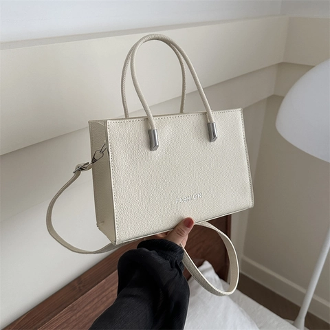 Women PU Leather Shoulder Crossbody Bag Lychee Grain Letter Print Square Handbag With Adjustable Strap For Daily Commute