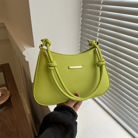 Women Fashion PU Leather Underarm Bag Minimalist Small Square Shoulder Handbag With Knot Handle Metallic Decoration Daily Bag