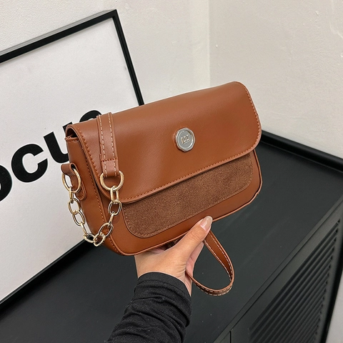 Retro Damen Umhängetasche PU Leder Wildleder Patchwork Schultertasche Kleine Quadratische Tasche Mit Goldener Kette Metallschnalle