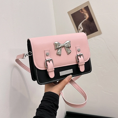 Borsa A Tracolla Da Donna Pelle PU Dolce Retro Fiocco Decorazione In Metallo Patta Piccola Borsa A Spalla Quadrata Elegante Diaria