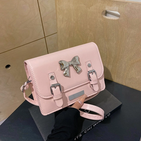 Borsa A Tracolla Da Donna Pelle PU Dolce Retro Fiocco Decorazione In Metallo Patta Piccola Borsa A Spalla Quadrata Elegante Diaria