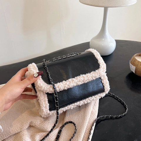 Borsa a Tracolla da Donna in Pelle PU con Finiture in Sherpa Catena Borsa a Spalla Quadrata Vintage Dettagli in Peluche
