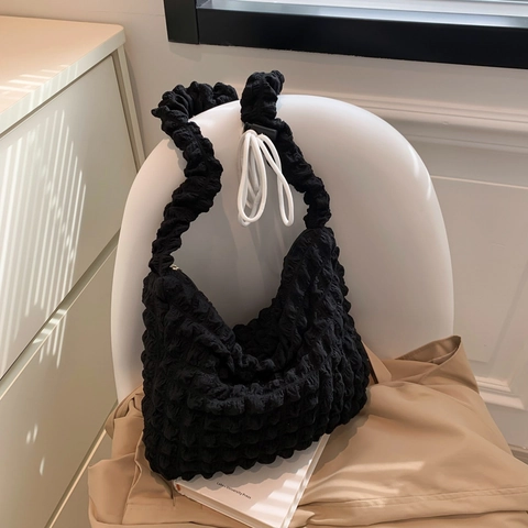 Fashion Popcorn Texture Pleated Tote Bag For Women Nylon Bubble Pattern Shoulder Bag With Bowknot Decor Casual Underarm Bag