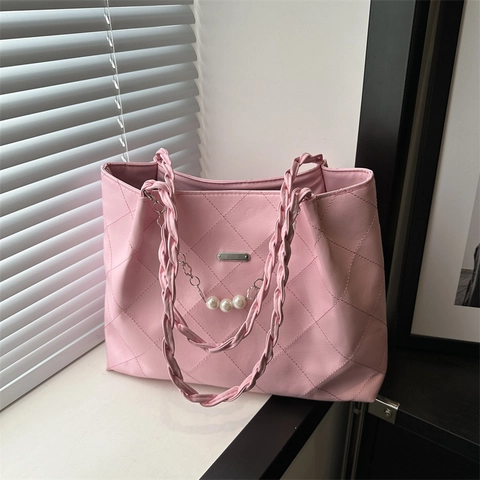 Borsa Tote da Donna Grande Capacità in Pelle PU Trapuntata a Losanghe Borsa a Spalla Con Catena di Perle Artificiali