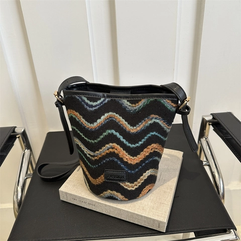 Borsa a Secchiello da Donna con Motivo a Onde in Maglia Ricamata Colore a Contrasto Piccola Borsa a Tracolla Per Moda Casual Quotidiana