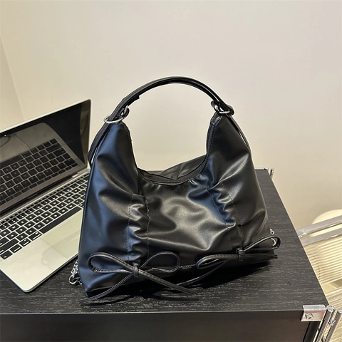 Sac à Épaule Plissé avec Nœud pour Femmes en Cuir PU Hobo Sac Sous le Bras Avec Chaîne en Métal Sac Fourre-tout Mode pour Femme
