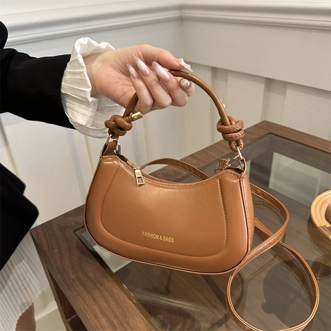 Bolso Hobo de Media Luna de Cuero PU para Mujer Color Sólido Asa Anudada Bolso de Hombro Con Correa Ajustable Bolso Crossbody