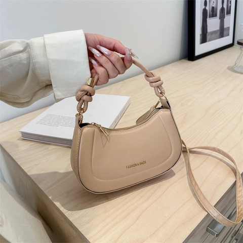 Bolso Hobo de Media Luna de Cuero PU para Mujer Color Sólido Asa Anudada Bolso de Hombro Con Correa Ajustable Bolso Crossbody
