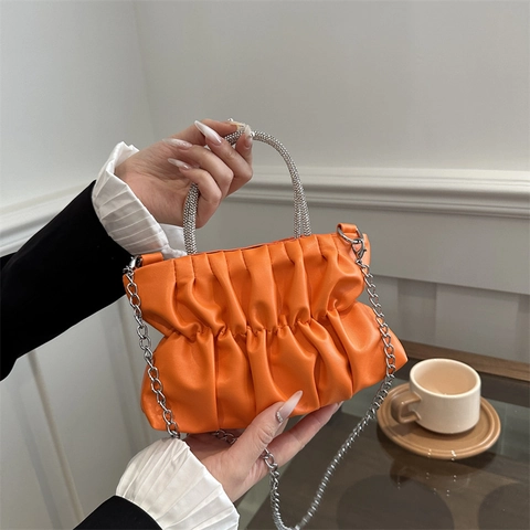 Women Fashion Ruched Cloud Shoulder Bag With Rhinestone Handle Chain Crossbody Bag PU Leather Small Square Bag Evening Clutch