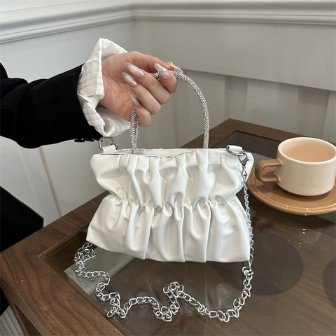Women Fashion Ruched Cloud Shoulder Bag With Rhinestone Handle Chain Crossbody Bag PU Leather Small Square Bag Evening Clutch
