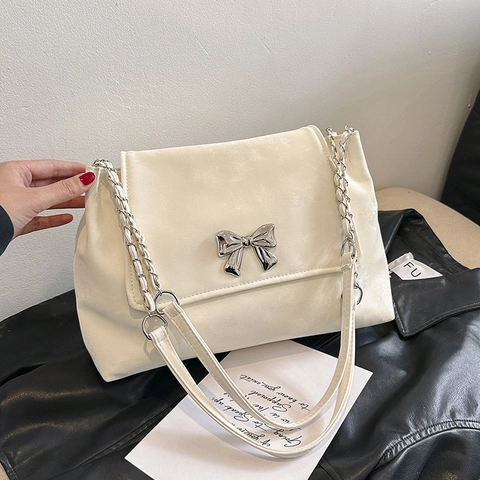 Women Fashion Bowknot Shoulder Bag Korean Style PU Leather Tote Bag Sweet Underarm Bag With Metal Chain Strap For Daily Dating