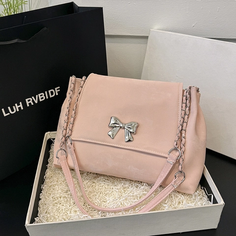 Women Fashion Bowknot Shoulder Bag Korean Style PU Leather Tote Bag Sweet Underarm Bag With Metal Chain Strap For Daily Dating