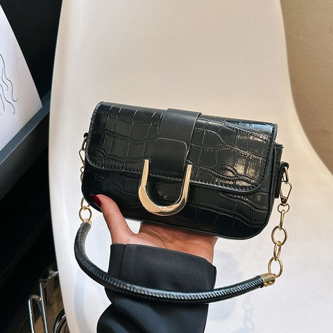 Women Vintage Crocodile Pattern Underarm Bag PU Leather Small Square Shoulder Bag With Gold U-Shaped Buckle Chain Strap For Daily Commute