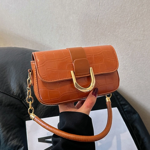 Women Vintage Crocodile Pattern Underarm Bag PU Leather Small Square Shoulder Bag With Gold U-Shaped Buckle Chain Strap For Daily Commute