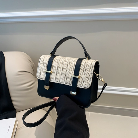 Women PU Leather Straw Woven Stitching Crossbody Bag Retro Messenger Small Square Bag Contrast Color Flap Shoulder Bag For Daily Travel