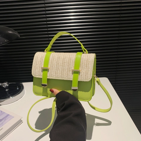 Borsa a Tracolla Donna Moda Pelle PU Paglia Intrecciata Borsa a Mano Patchwork Stile Coreano Borsa Quadrata Vacanze Estive