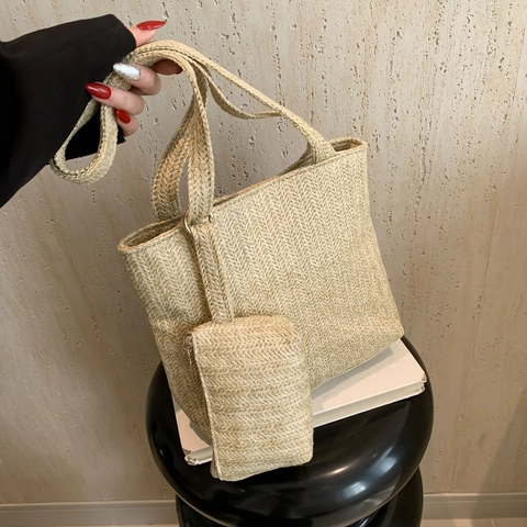Χειροποίητη Υφαντή Ψάθινη Τσάντα Tote Και Σετ Πουγκί Γυναικεία Μεγάλη Χωρητικότητα Σχέδιο Chevron Τσάντα Ώμου Καλοκαίρι Παραλία Διακοπές Ταξίδι