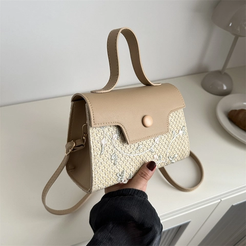 Women Floral Embroidery Straw Handbag French Vintage PU Leather Patchwork Small Square Crossbody Bag Vacation Shoulder Bag