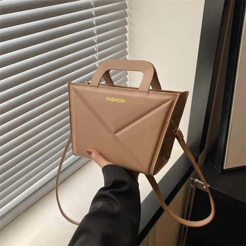Dames Geometrische Gevouwen PU Leer Handtas Mode Letter Print Minimalistisch Vierkant Schoudertas Veelzijdige Crossbody Tas Dagelijks