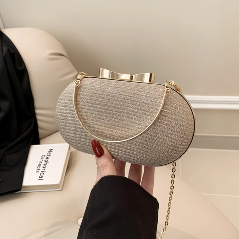 Damen Glitzer Pailletten Abendtasche Clutch Oval Hartschalen Tasche Mit Metall Schleife Verschluss Kette Für Hochzeit Bankett