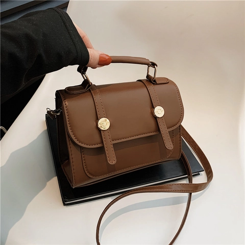 Vintage PU Leather Square Bag With Top Handle And Adjustable Shoulder Strap Gold Buckle Flap Crossbody Bag For Women