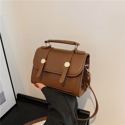 Vintage PU Leather Square Bag With Top Handle And Adjustable Shoulder Strap Gold Buckle Flap Crossbody Bag For Women