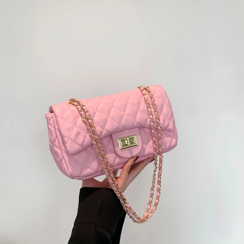 Sac Bandoulière Femme à la Mode en PU Treillis Losange Matelassé Élégant Chaîne Dorée Fermeture Pivotante Sac Carré Quotidien