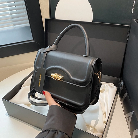 Bolso Cuadrado Pequeño de Cuero PU de Color Sólido Minimalista para Mujer Bolso de Mano Con Cierre Cilíndrico Dorado Bandolera Diaria