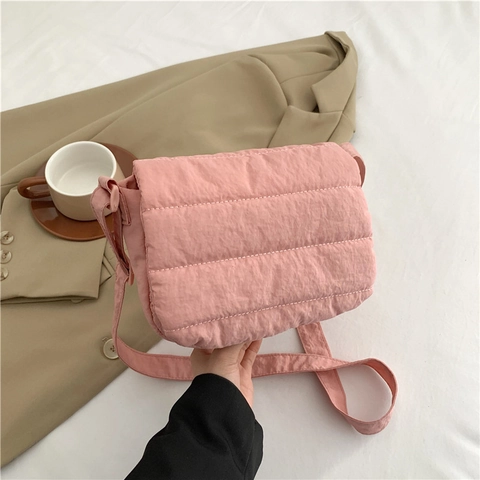 Women Minimalist Quilted Padded Shoulder Bag Solid Color Cotton Crossbody Bag Ins Style Small Square Flap Bag Casual