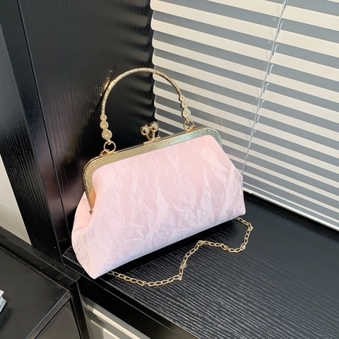Petit Sac à Bandoulière Plissé en Cuir PU pour Femmes Poignée Métallique Dorée Fermoir Kiss-Lock Sac de Soirée avec Chaîne