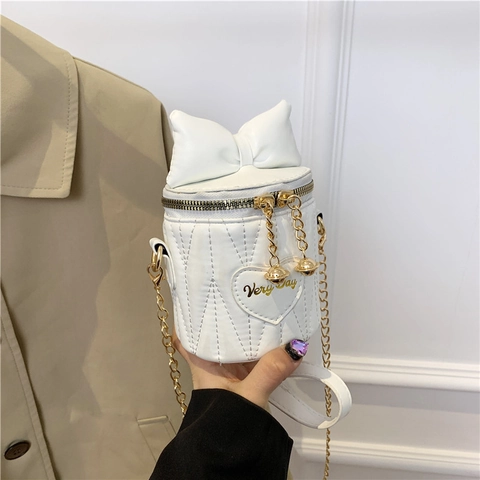 Koreaanse Stijl Strik PU Leer Mini Buckettas Vrouwen Hart Gewatteerde Ketting Schoudertas Crossbodytas Zoete Mode Handtas