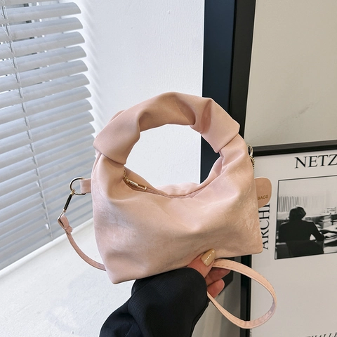 Damen Knotengriff Plissiert Schultertasche Gerüscht PU Leder Handtasche Goldener Hardware Kleine Quadratische Umhängetasche Chic
