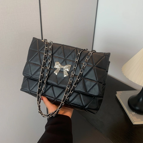 Women Elegant Bowknot Quilted Chain Shoulder Bag PU Leather Small Square Crossbody Bag Versatile Party Commute Handbag