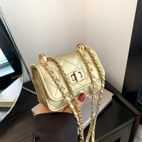 Women Quilted Mini Chain Crossbody Bag PU Leather Luxury Gold Lock Small Square Shoulder Bag Party Evening Handbag