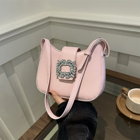 Sac sous le Bras en Cuir PU Élégant pour Femmes Boucle Carrée en Strass Minimaliste Sac à Épaule Couleur Unie Sac à Main de Fête Élégant
