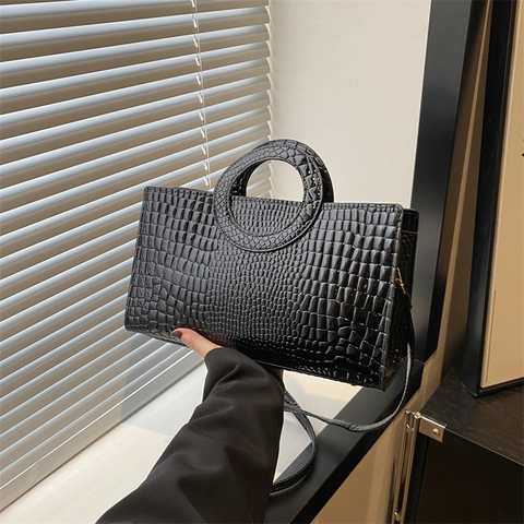 Sac à Épaule pour Femme en Cuir PU Motif Crocodile Avec Poignée Ronde Sac à Main Bandoulière Minimaliste Texture Alligator